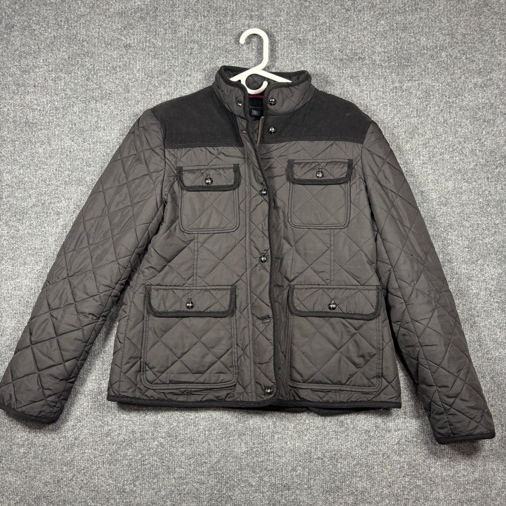 Tommy Hilfiger Barn Jacket Women L Black Quilted Equestrian Elbow Patch Utility